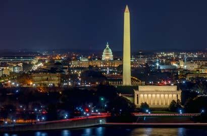 Aerial view of the Washington Monument at night. 
