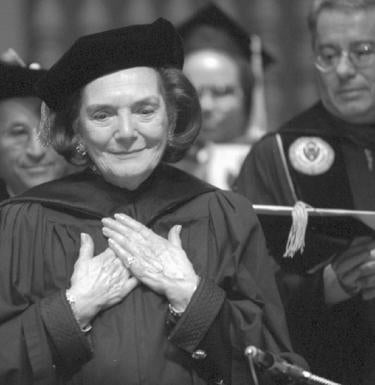 Photo of Frances Hesselbein in cap and gown. 