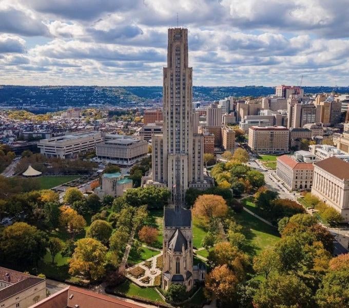 Cathedral of Learning wide campus drone shot